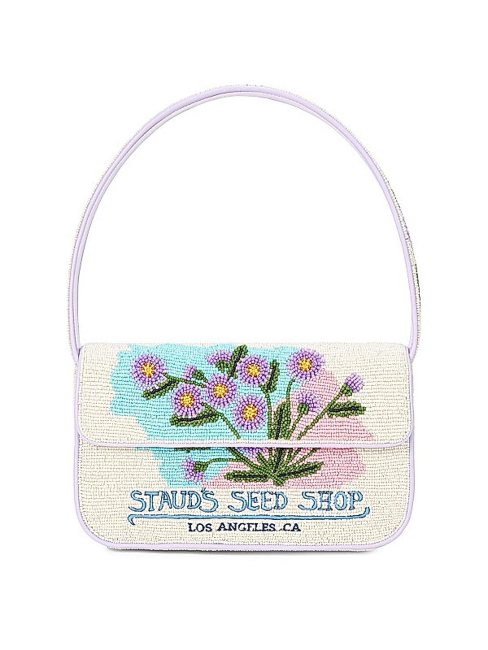 STAUD Beaded Floral Shoulder Bag in Cream and Lavender Trim